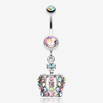 Dazzling Royal Crown Belly Ring-Aurora Borealis/Rainbow